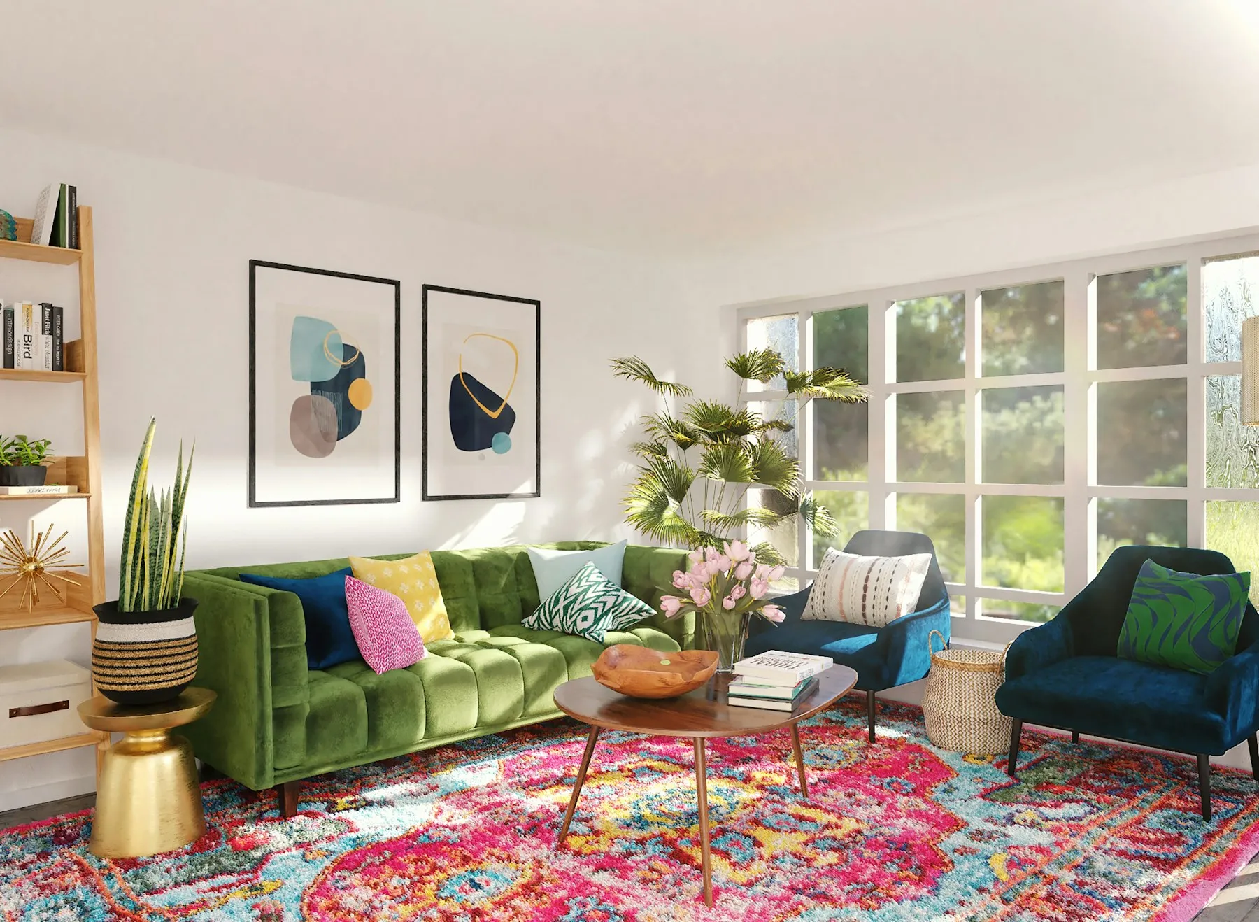 Bright living room with freshly painted white walls